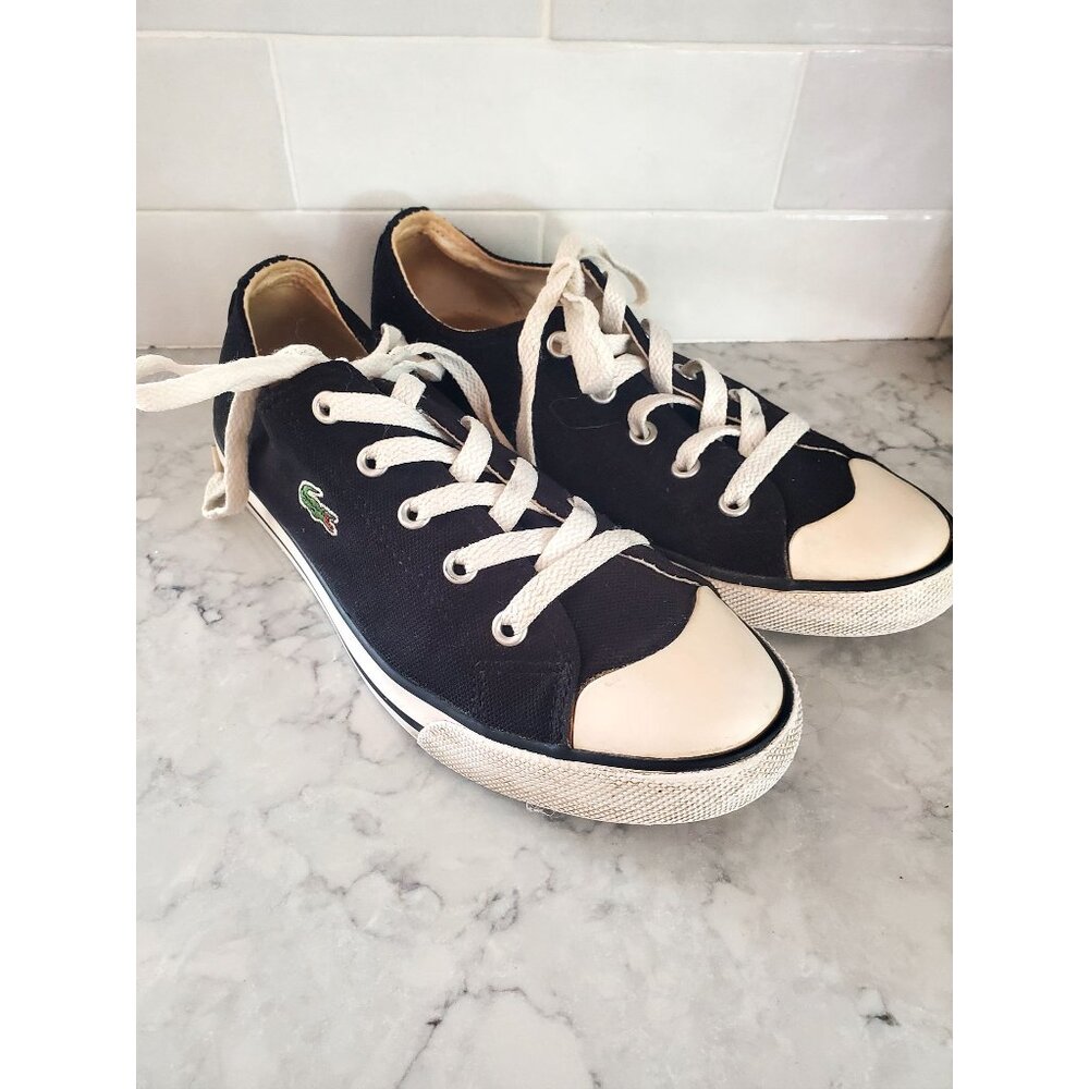 Lacoste Black Canvas Lace up Sneakers White Cap & Sole  Unisex Casual Shoes 7